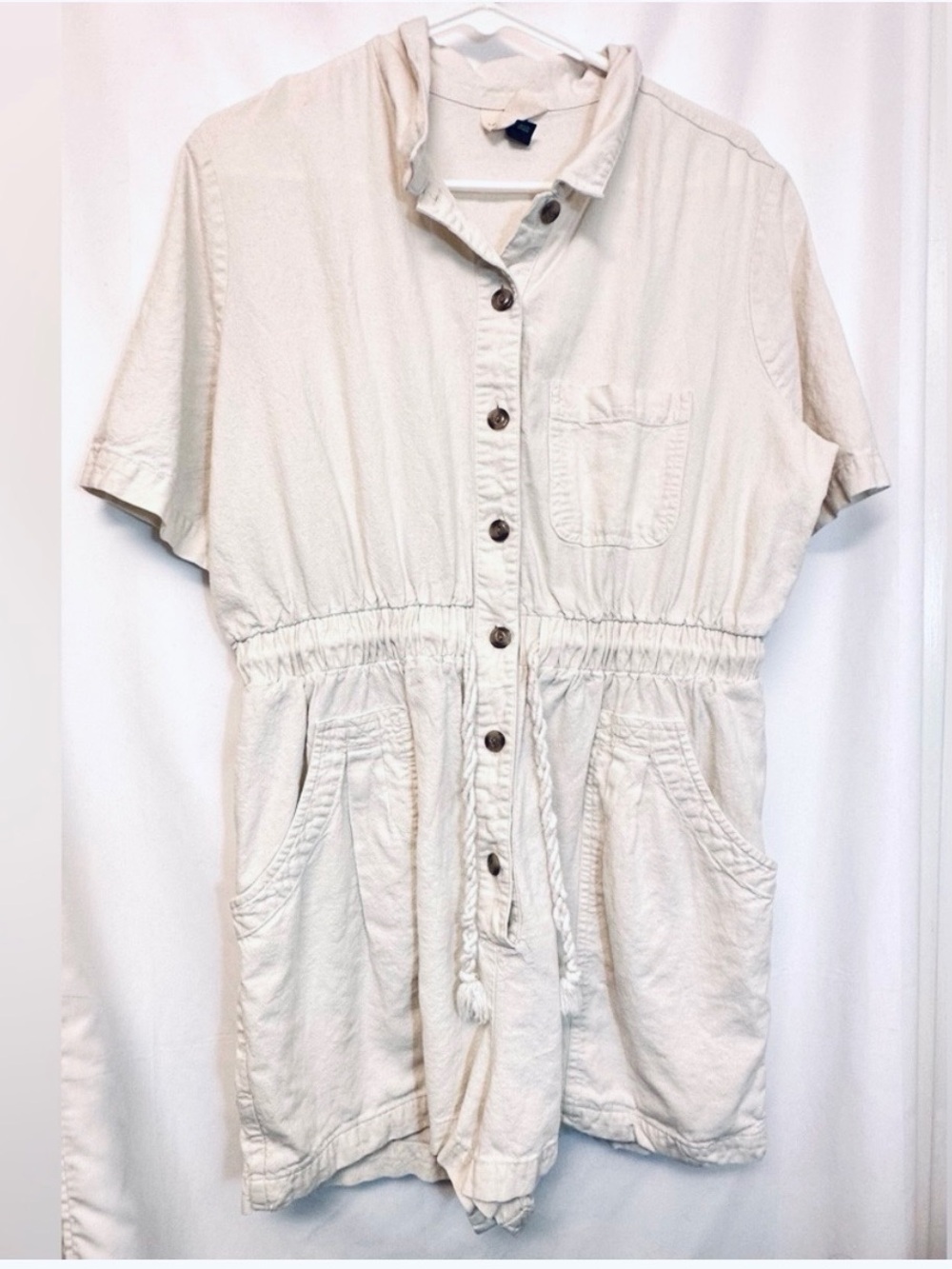 Universal Thread Linen Blend Button Front Utility Romper Cream Size Large